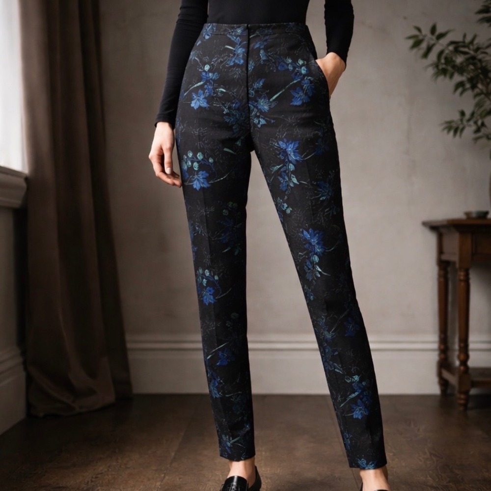 Italy, Blue Floral Jacquard Slim Tapered‎ Trousers High Waist Pants, Boho, Y2K